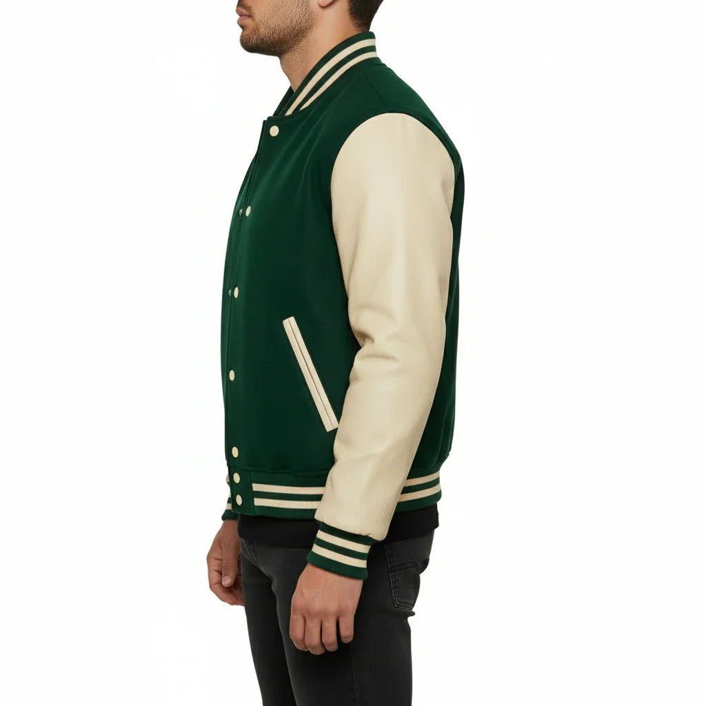 Varsity Bomber Letterman Forest Green Wool & Cream Real Leather Sleeves Jacket
