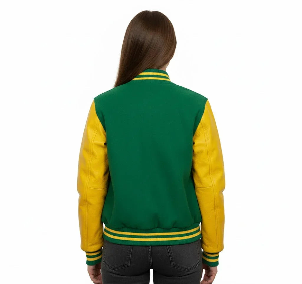 Women's Varsity Bomber Letterman Kelly Green Wool & Yellow Real Leather Sleeves Jacket