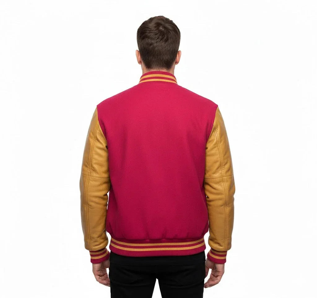 Varsity Bomber Letterman Hot Pink Wool & Gold Real Leather Sleeves Jacket
