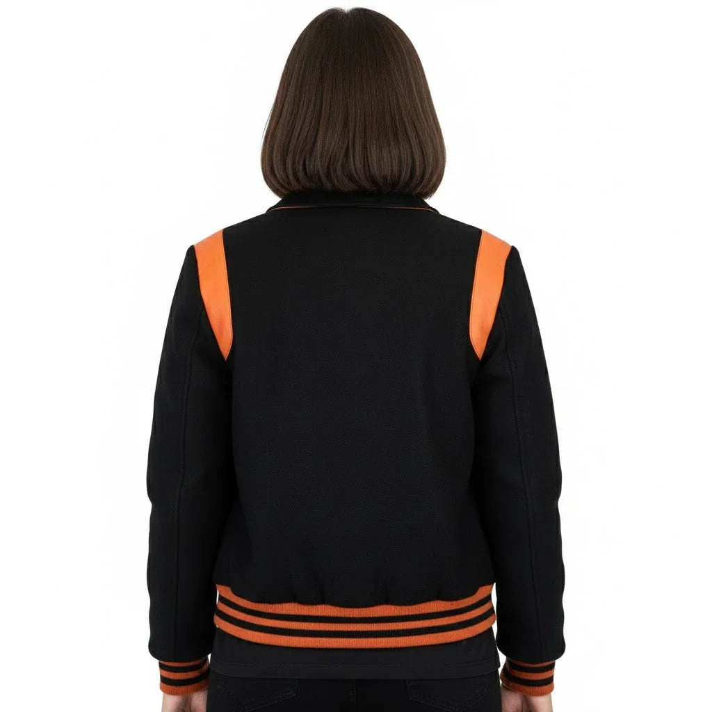 All Wool Women's Varsity Bomber Letterman Black Single Orange Leather Stripe Jacket
