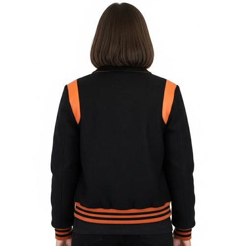 All Wool Women's Varsity Bomber Letterman Black Single Orange Leather Stripe Jacket