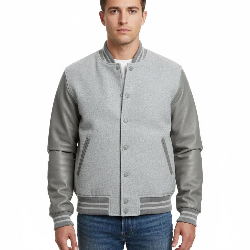 Varsity Bomber Letterman Lt.Gray Wool & Gray Real Leather Sleeves Jacket