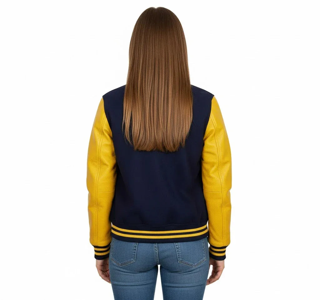 Women's Varsity Bomber Letterman Navy Wool & Yellow Real Leather Sleeves Jacket