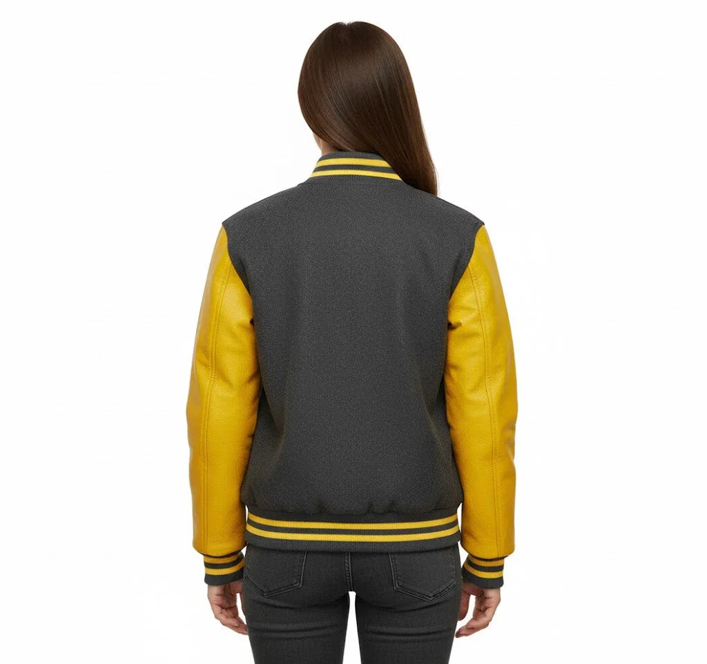 Women's Varsity Bomber Letterman Gray Wool & Yellow Real Leather Sleeves Jacket