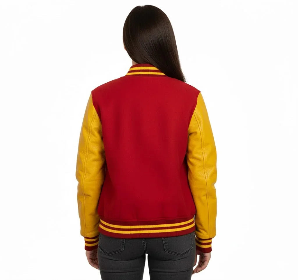 Women's Varsity Bomber Letterman Red Wool & Yellow Real Leather Sleeves Jacket