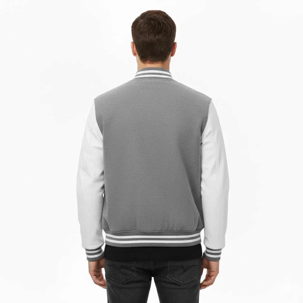 Varsity Bomber Letterman Gray Wool & White Real Leather Sleeves Jacket