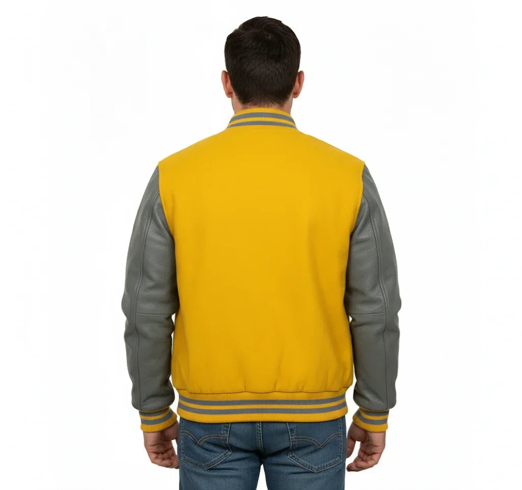 Varsity Bomber Letterman Yellow Wool & Gray Real Leather Sleeves Jacket
