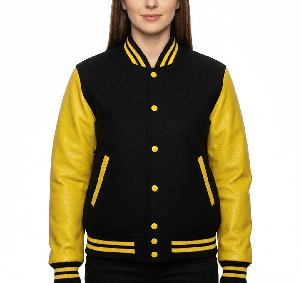 Women's Varsity Bomber Letterman Black Wool & Yellow Real Leather Sleeves Jacket