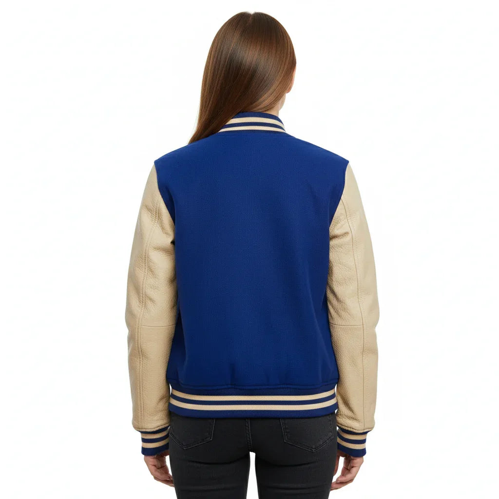 Women's Varsity Bomber Letterman Royal Wool & Cream Real Leather Sleeves Jacket