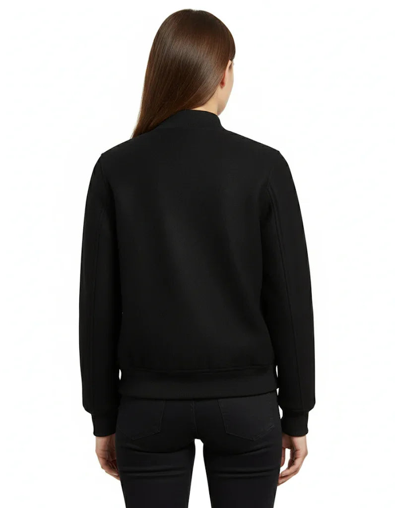 All Wool Women's Varsity Bomber Letterman Solid Black Jacket