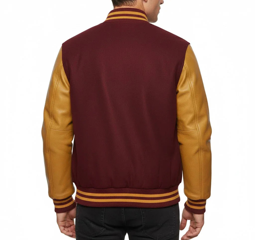 Varsity Bomber Letterman Maroon Wool & Gold Real Leather Sleeves Jacket