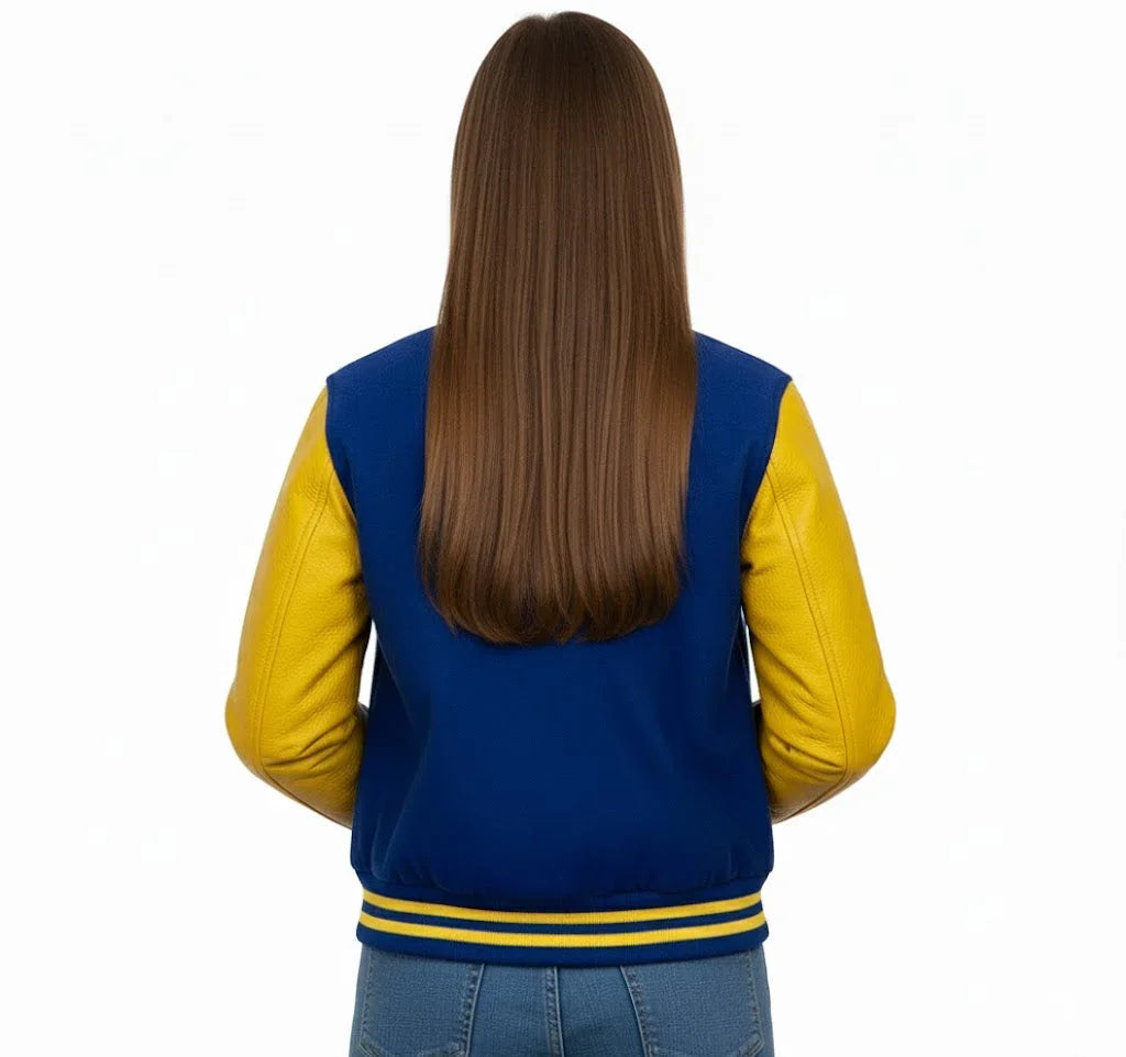 Women's Varsity Bomber Letterman Royal Blue Wool & Yellow Real Leather Sleeves Jacket