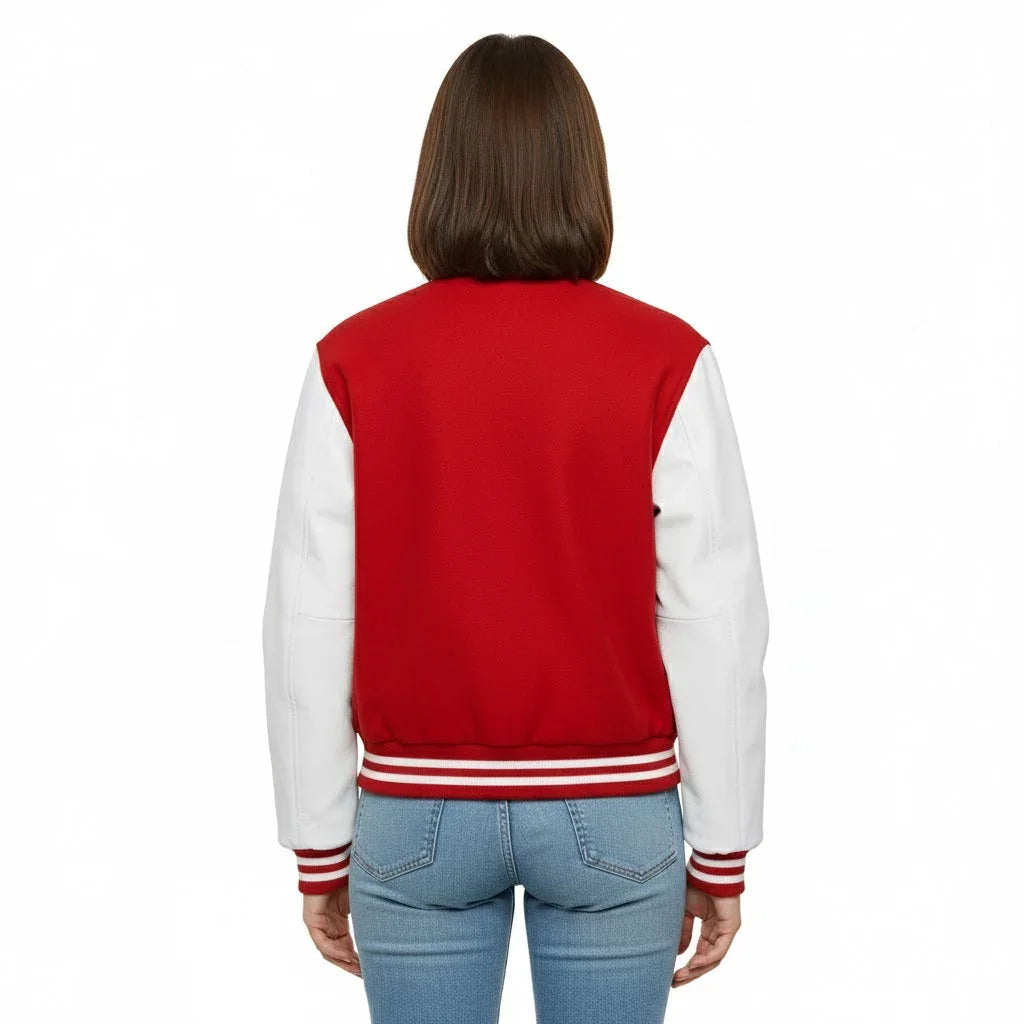 Women's Varsity Letterman Red Wool & White Real Leather Sleeves Bomber Jacket