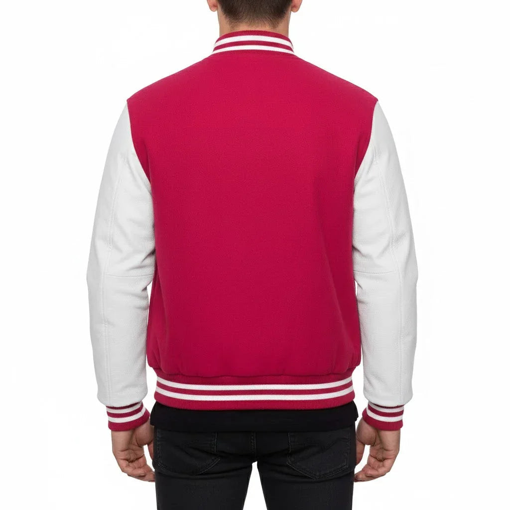 Varsity Bomber Letterman Hot Pink Wool & White Real Leather Sleeves Jacket