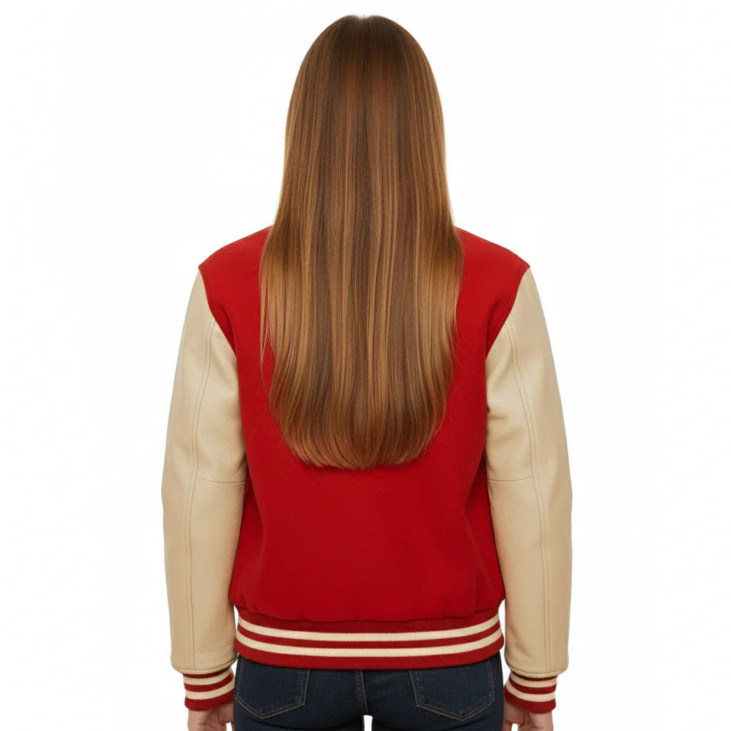 Women's Varsity Bomber Letterman Red Wool & Cream Real Leather Sleeves Jacket