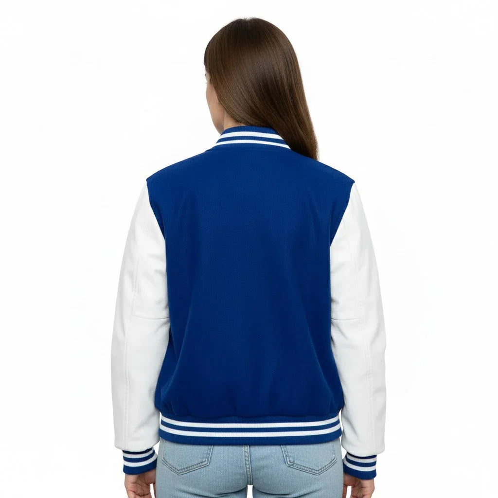 Women's Varsity Letterman Royal Blue Wool & White Real Leather Sleeves Bomber Jacket