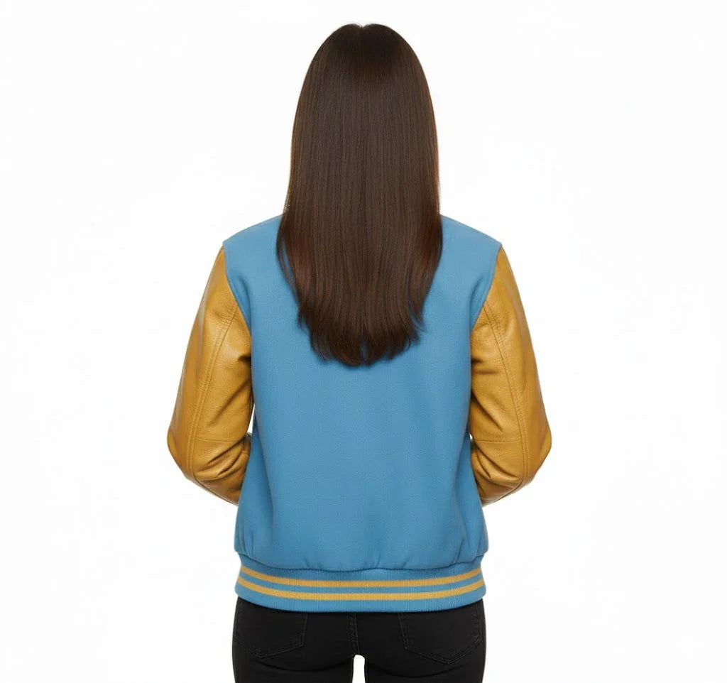 Women's Varsity Bomber Letterman Sky Wool & Gold Real Leather Sleeves Jacket