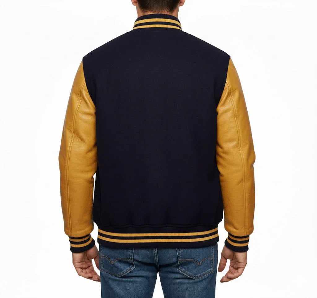 Varsity Bomber Letterman Navy Wool & Gold Real Leather Sleeves Jacket