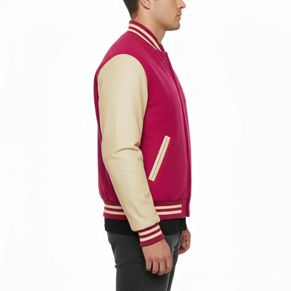 Varsity Bomber Letterman Hot Pink Wool & Cream Real Leather Sleeves Jacket