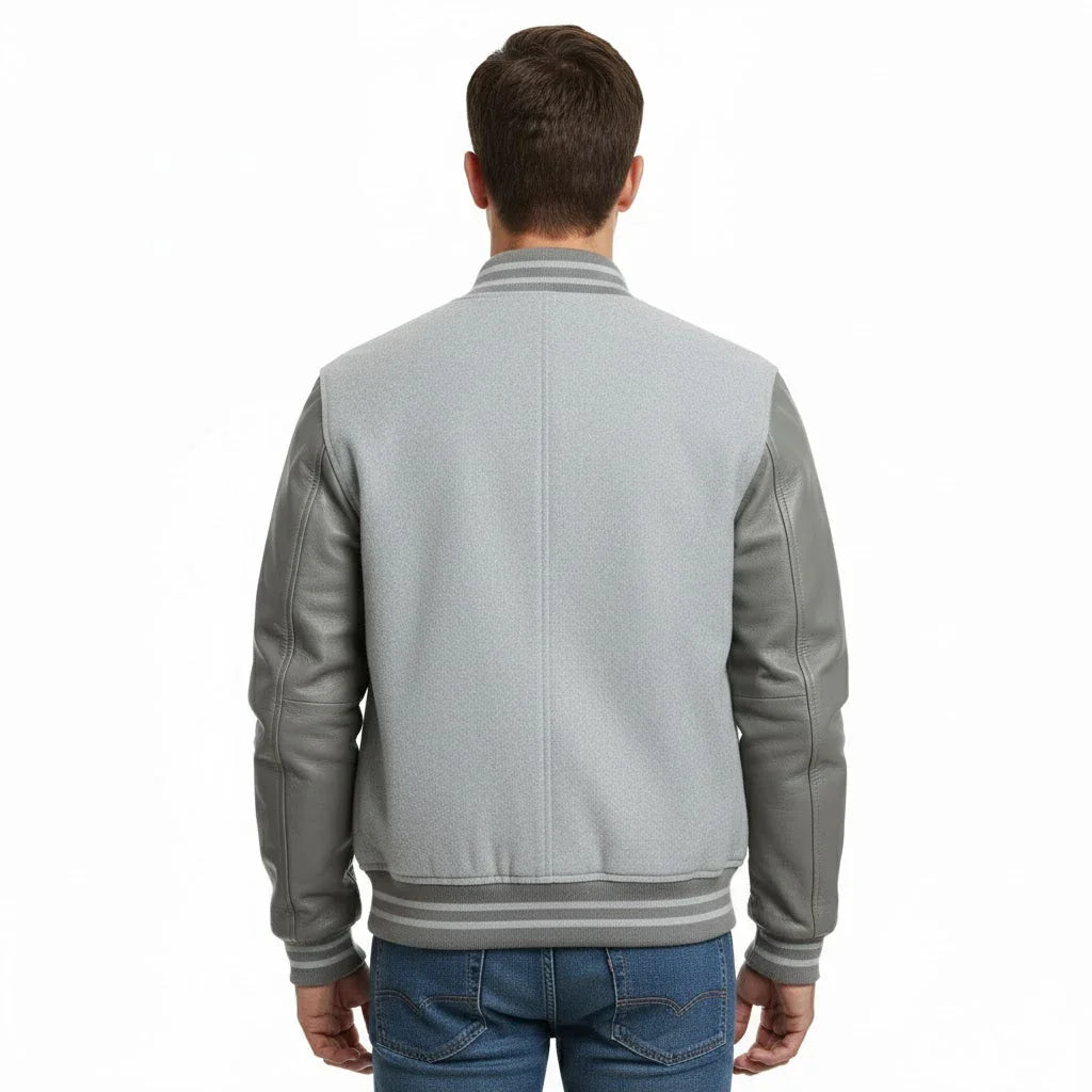 Varsity Bomber Letterman Lt.Gray Wool & Gray Real Leather Sleeves Jacket