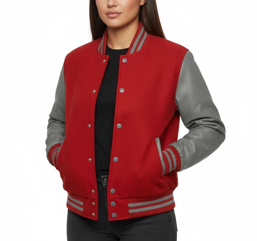 Women's Varsity Bomber Letterman Red Wool & Gray Real Leather Sleeves Jacket