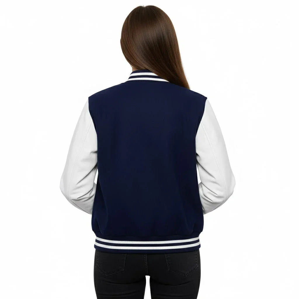 Women's Varsity Letterman Navy Wool & White Real Leather Sleeves Bomber Jacket