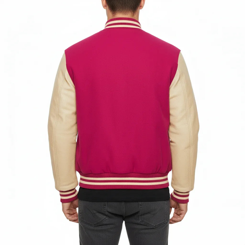 Varsity Bomber Letterman Hot Pink Wool & Cream Real Leather Sleeves Jacket