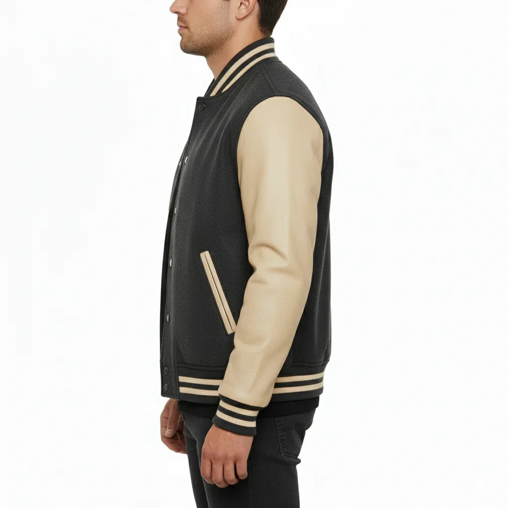 Varsity Bomber Letterman Dark Grey Wool & Cream Real Leather Sleeves Jacket