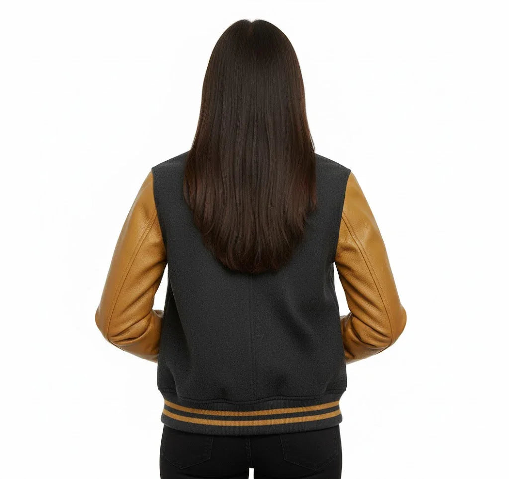 Women's Varsity Bomber Letterman Dark Gray Wool & Gold Real Leather Sleeves Jacket