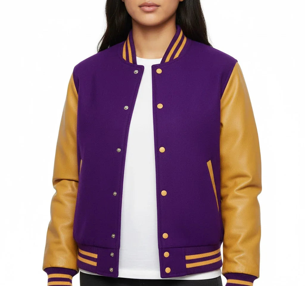 Women's Varsity Bomber Letterman Purple Wool & Gold Real Leather Sleeves Jacket