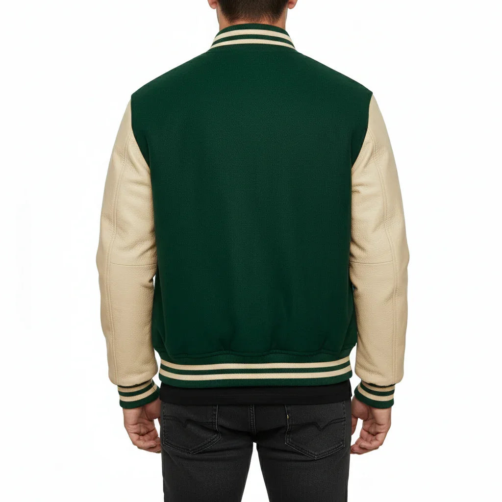 Varsity Bomber Letterman Forest Green Wool & Cream Real Leather Sleeves Jacket