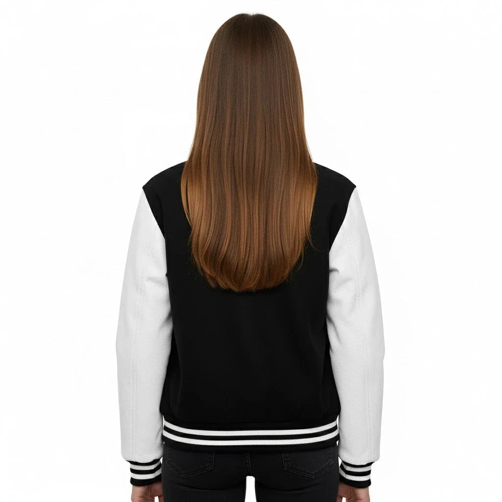 Women's Varsity Letterman Black Wool & White Real Leather Sleeves Bomber Jacket