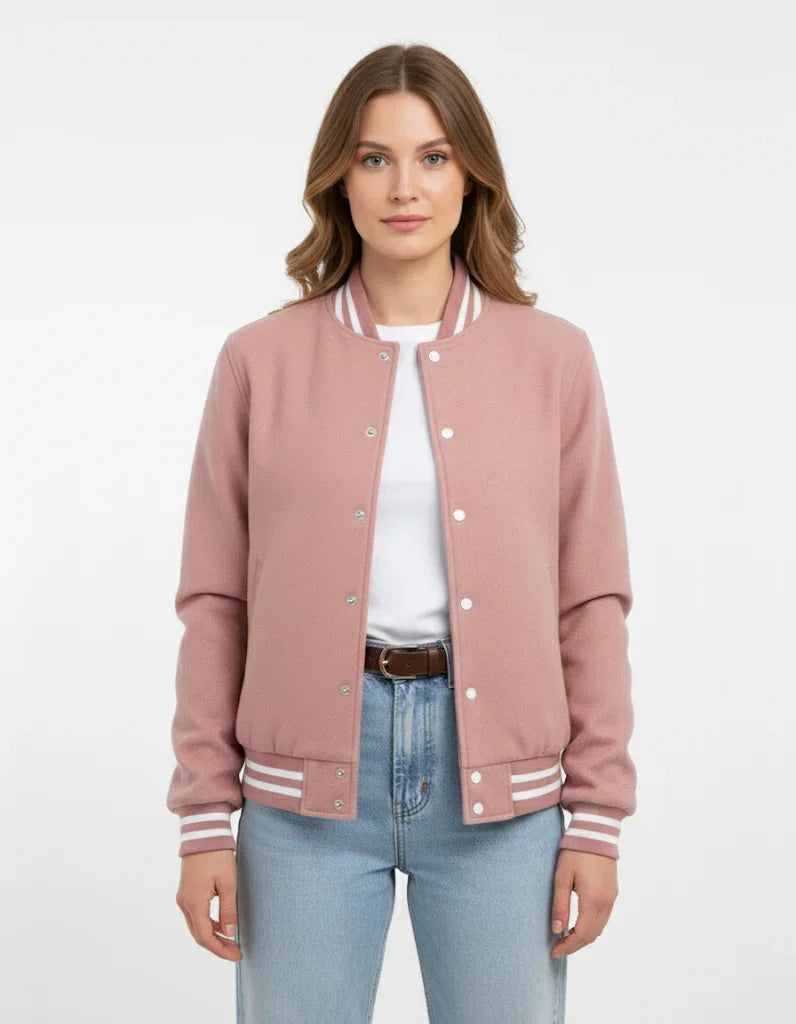 All Wool Women's Varsity Bomber Letterman Lt.Pink Jacket