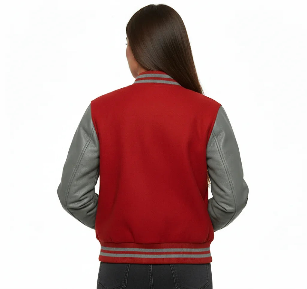 Women's Varsity Bomber Letterman Red Wool & Gray Real Leather Sleeves Jacket