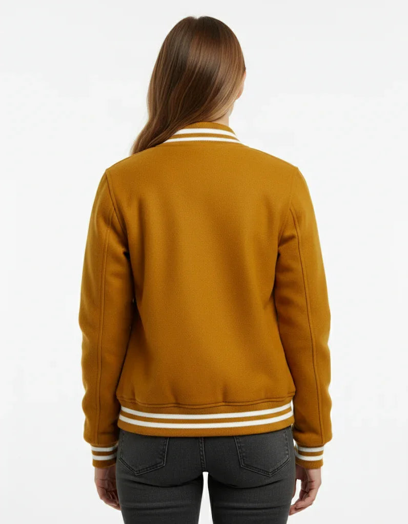 All Wool Women's Varsity Bomber Letterman Gold Jacket