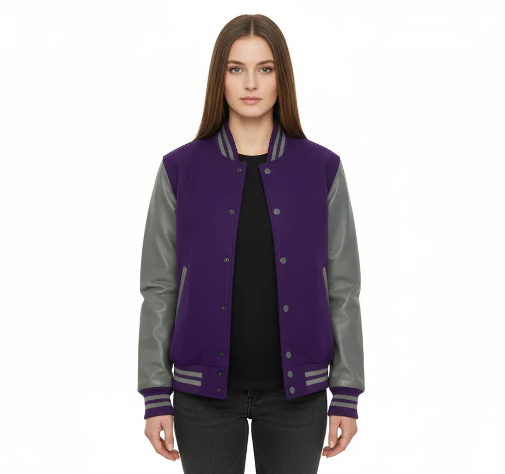Women's Varsity Bomber Letterman Purple Wool & Gray Real Leather Sleeves Jacket