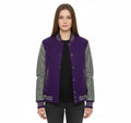 Women's Varsity Bomber Letterman Purple Wool & Gray Real Leather Sleeves Jacket