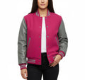 Women's Varsity Bomber Letterman Hot Pink Wool & Gray Real Leather Sleeves Jacket