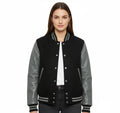 Women's Varsity Bomber Letterman Black Wool & Gray Real Leather Sleeves Jacket