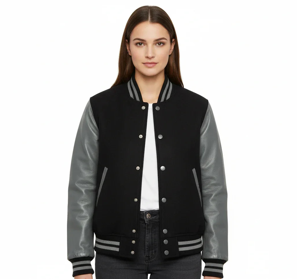 Women's Varsity Bomber Letterman Black Wool & Gray Real Leather Sleeves Jacket