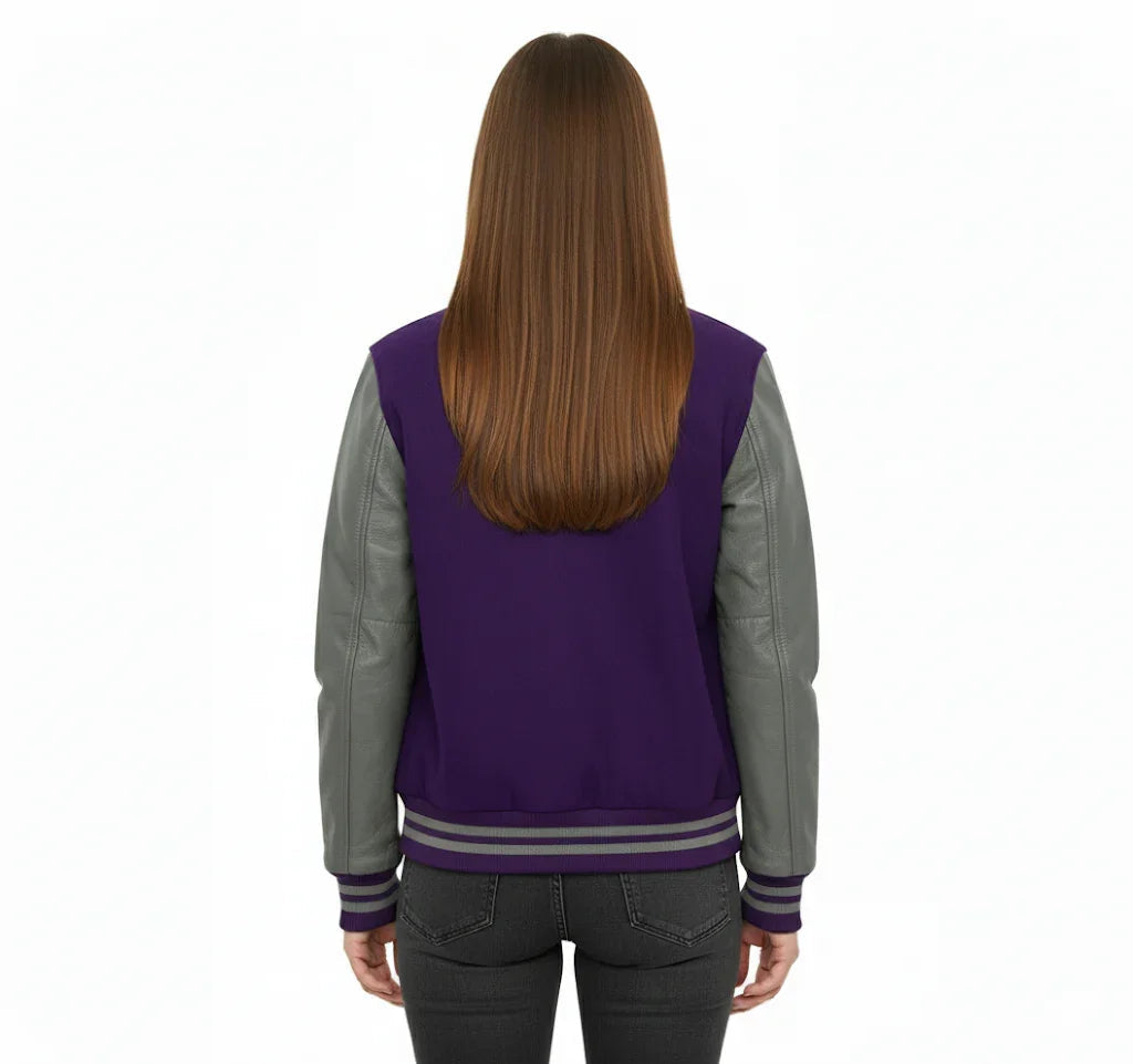 Women's Varsity Bomber Letterman Purple Wool & Gray Real Leather Sleeves Jacket