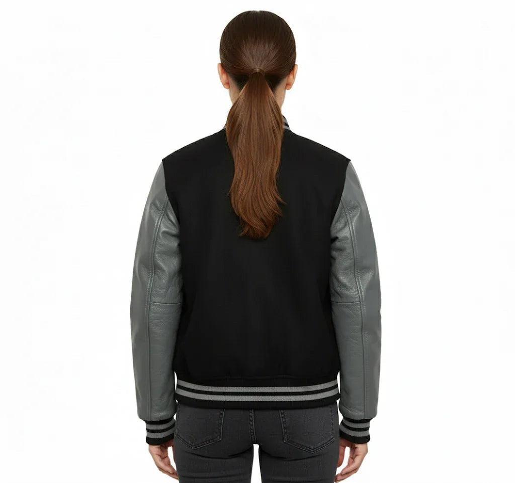 Women's Varsity Bomber Letterman Black Wool & Gray Real Leather Sleeves Jacket