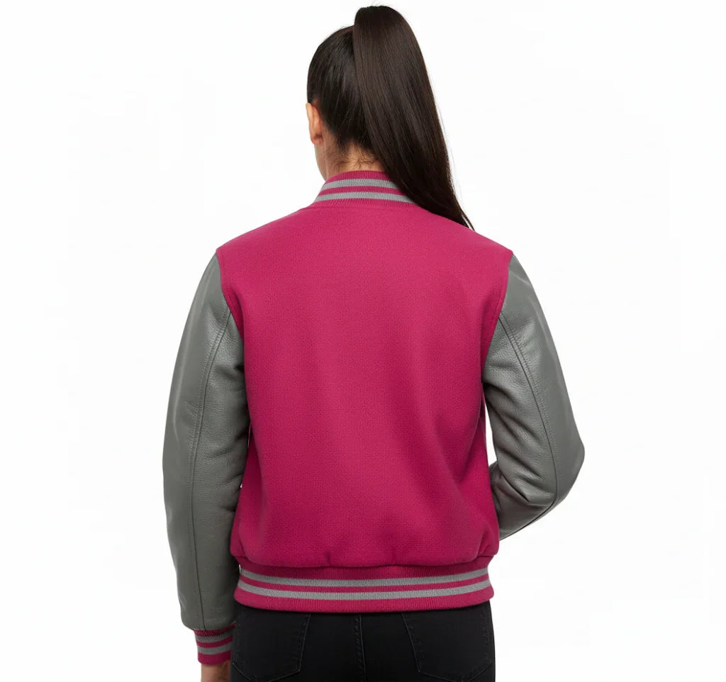 Women's Varsity Bomber Letterman Hot Pink Wool & Gray Real Leather Sleeves Jacket