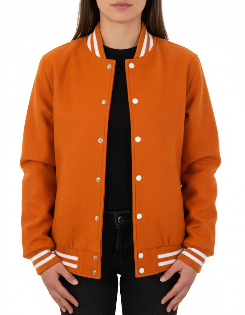 All Wool Women's Varsity Bomber Letterman Orange Jacket
