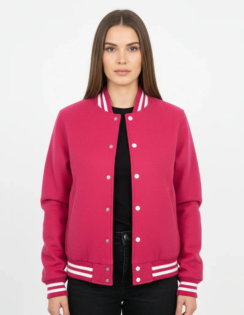 All Wool Women's Varsity Bomber Letterman Hot Pink Jacket