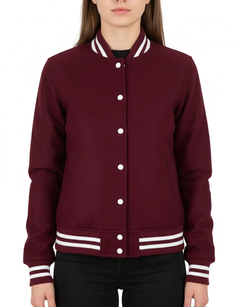 All Wool Women's Varsity Bomber Letterman Dark Maroon Jacket