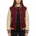 Women's Varsity Bomber Letterman Maroon Wool & Cream Real Leather Sleeves Jacket