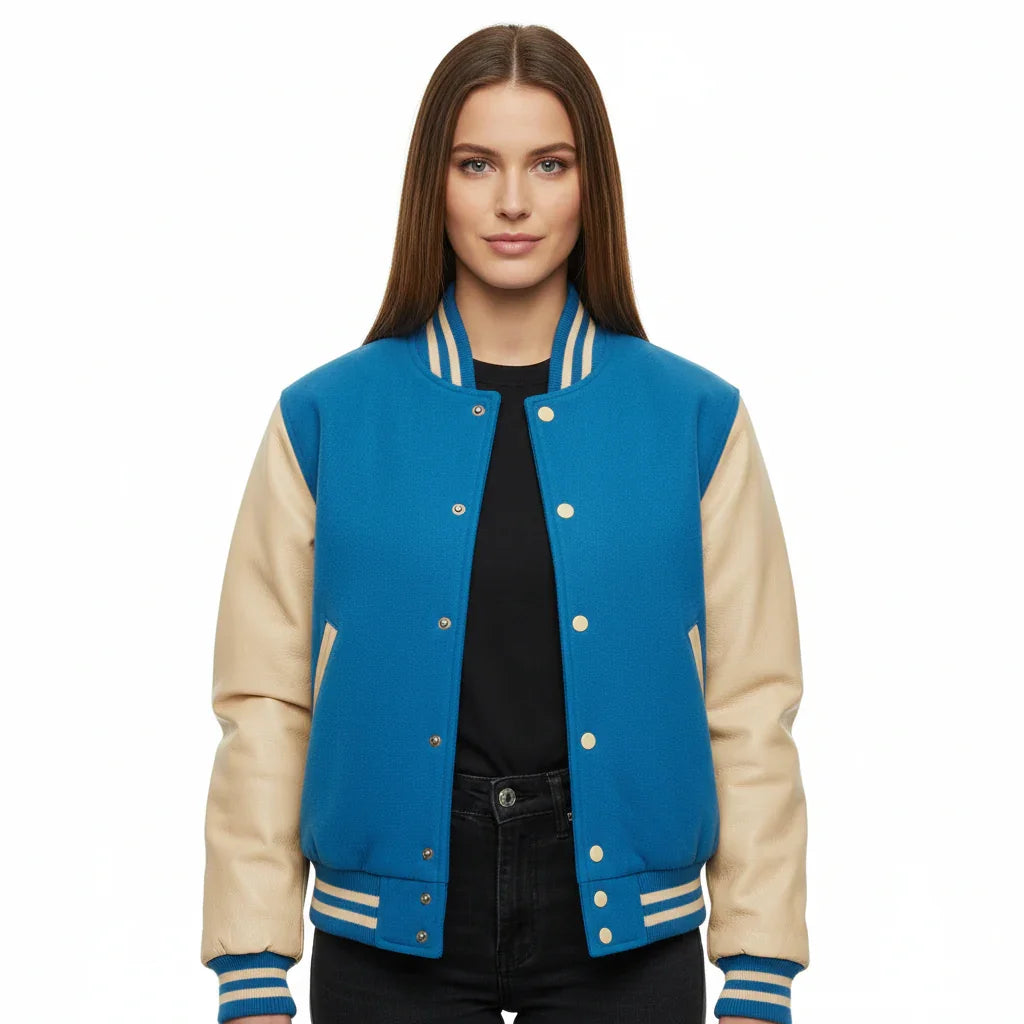 Women's Varsity Bomber Letterman Sky Wool & Cream Real Leather Sleeves Jacket