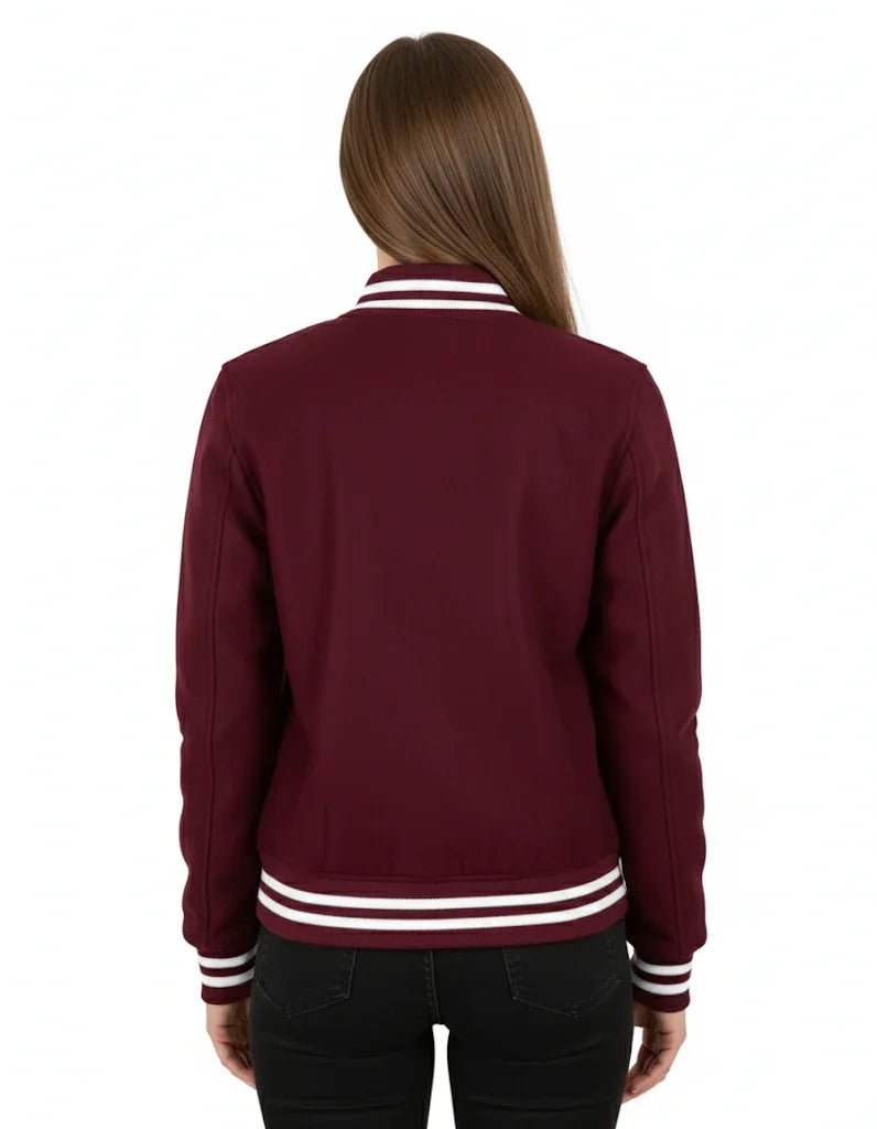 All Wool Women's Varsity Bomber Letterman Dark Maroon Jacket