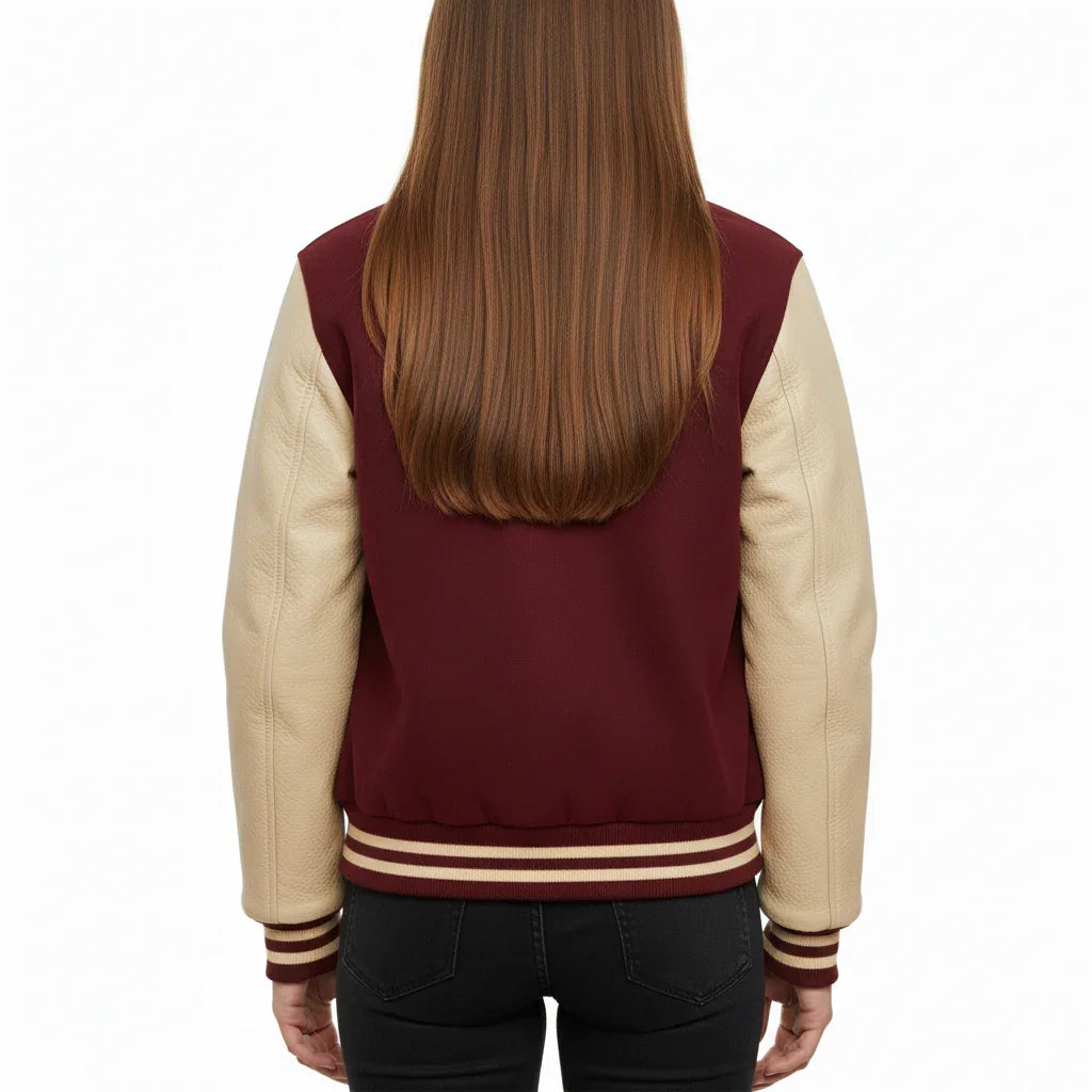 Women's Varsity Bomber Letterman Maroon Wool & Cream Real Leather Sleeves Jacket